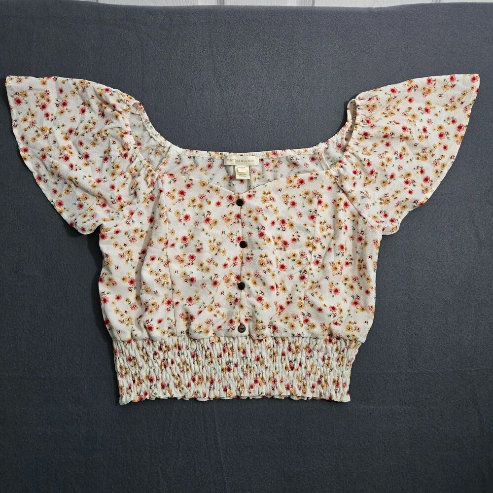 Monteau Crop Top Women XL Floral Smocked Waist Flutter Sleeve Boho Stretch